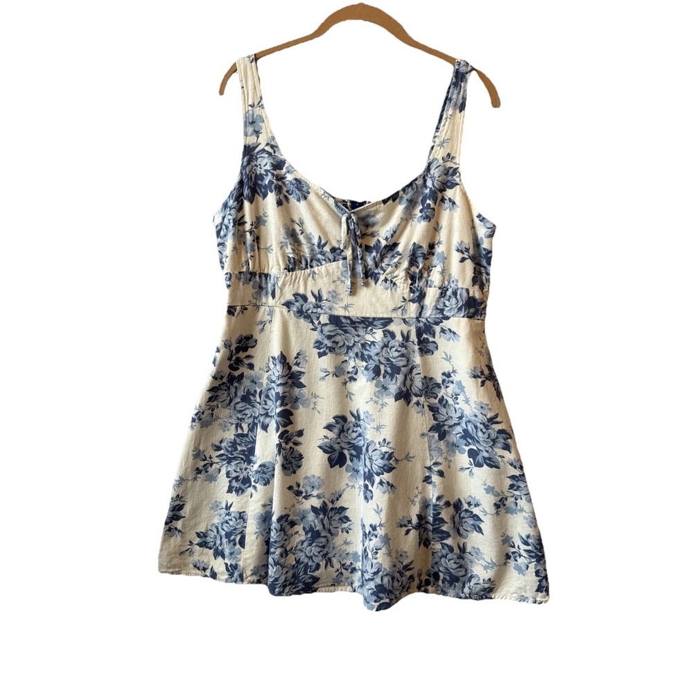 Old Navy Blue Floral Linen Blend Smocked Empire Cami Mini Dress L Cottagecore